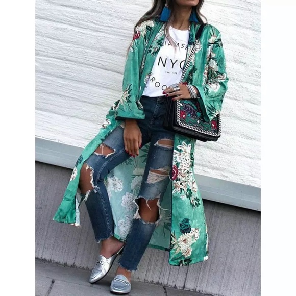 Tops - Boho Green Floral Satin Kimono Duster Robe